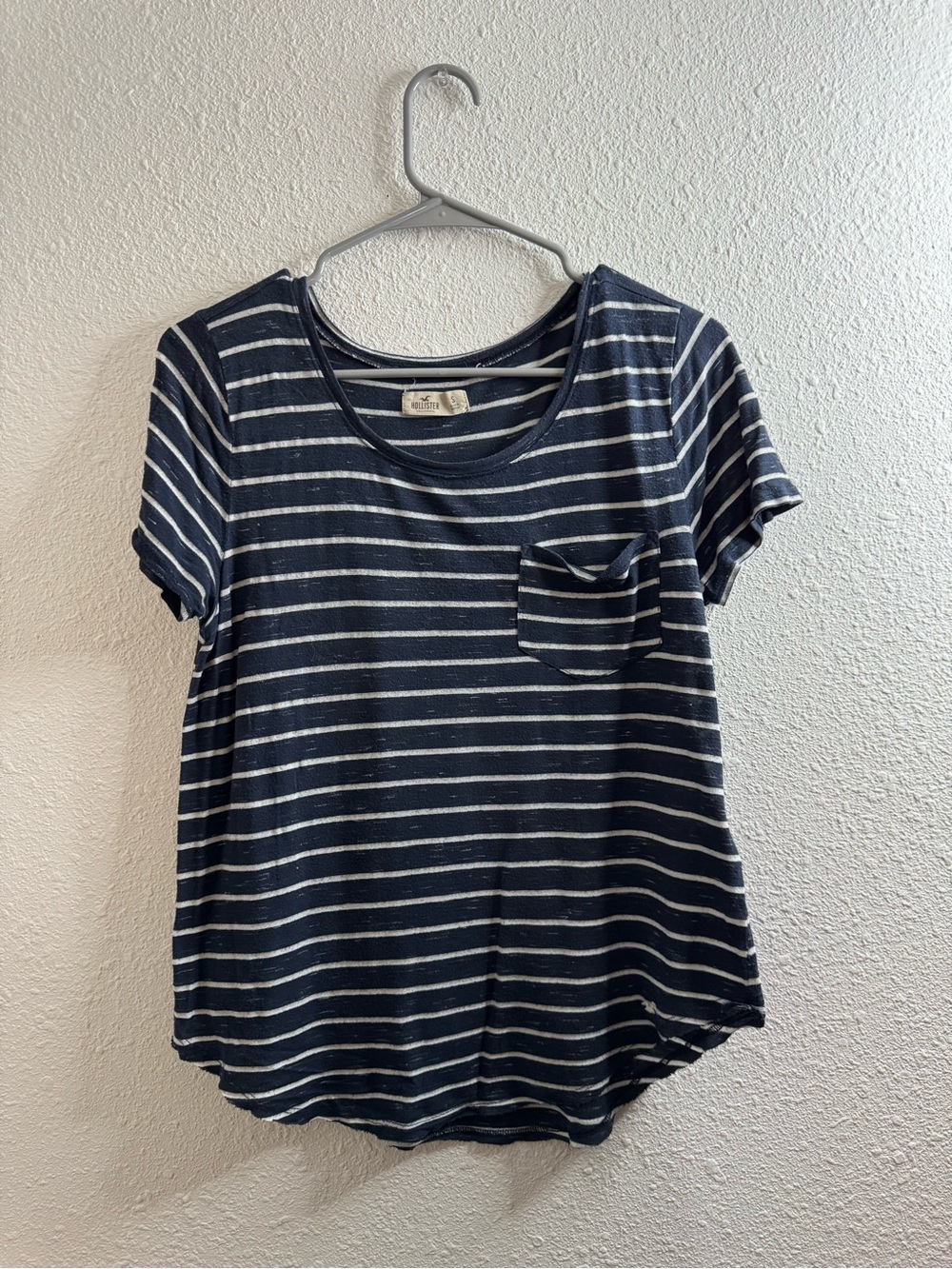 Hollister Navy and White Striped Short Sleeve Pocket Tee